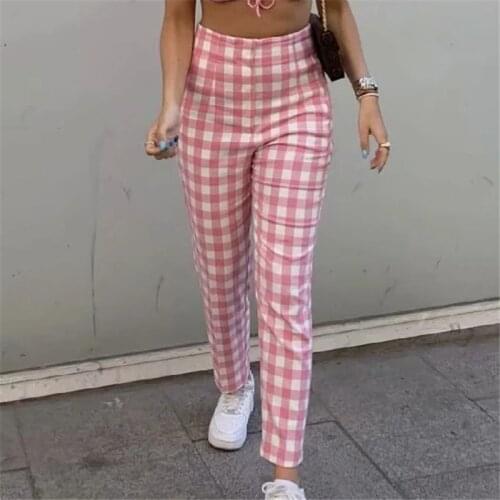 Women Summer High Waist Zipper Straight Chic Pants 2021 Female Fashion Pink Plaid Suit Cotton Sweet College Long Trousers Style