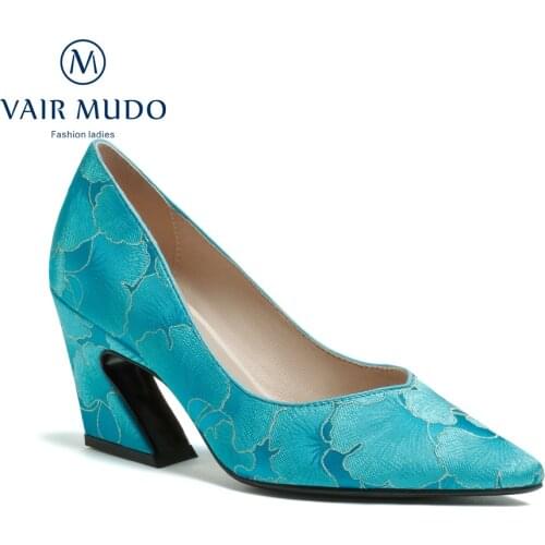 VAIR MUDO Women Pumps Shoes HIgh Heels Genuine Leather Elegant Sexy Fashion Pumps Casual Slip-On Blue Shoes Women WM-X139-C