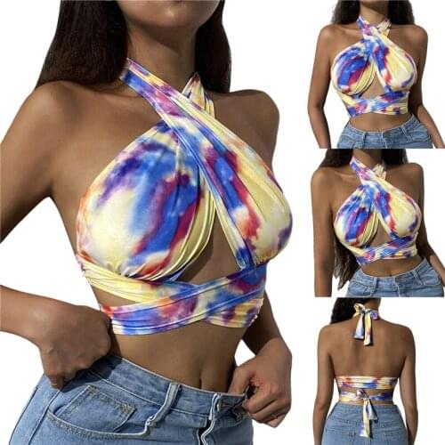 Women’s Fashion Sexy Tie-dye Printed Vest Sexy Cross Hollow Exposed Navel Bandage Halter Tops Multicolor S/M/L