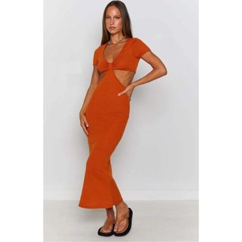 Women Solid Color Close-fitting Sexy Knitted Summer Dress Fashion Deep V-neck Short Sleeve Long Dress Black/ Coffee/ Orange