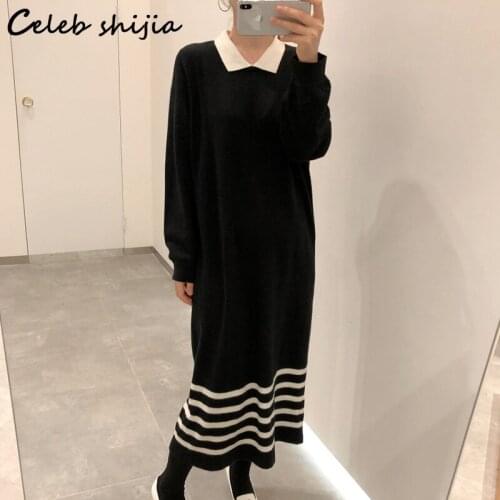 Vintage Black Striped Knitted Dress for Woman Autumn 2021 O-neck Oversized Lazy Style Long Sweater Dress Female Korean Elegant