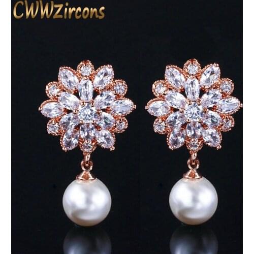 CWWZircons Brand Fashion CZ Crystal Dangling Drop Pearl Earring Rose Gold Color Cubic Zirconia Jewelry for Women CZ183