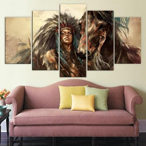 HD printed 5 piece Canvas Art tribe warrior with horse Painting 5 panels Wall Pictures for living room home Decor Free shipping