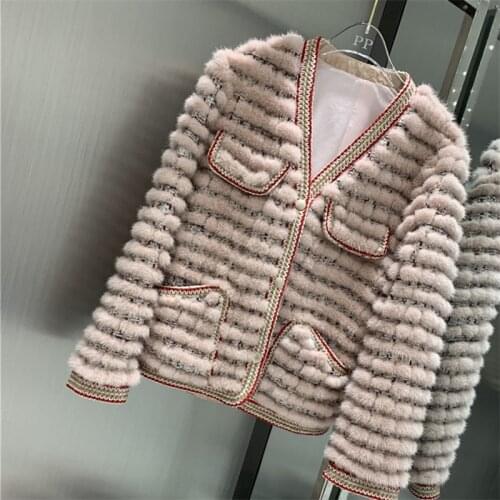 Import natural mink fur coat for women luxury elegant lady real mink fur outerwear striped knitted winter jacket