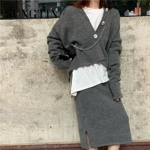 Sungtin Two Piece Set Women Solid Sweater Cardigan Hooded and Skirt Casual Loose Female Knitted Hooded Cardigan and Skirt Chic