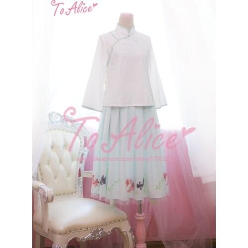 Cute Chinese Style Goldfish Embroidery Pattern Blouse Shirt + Long Skirt Set Vintage Lolita Double Layers Mesh Skirt