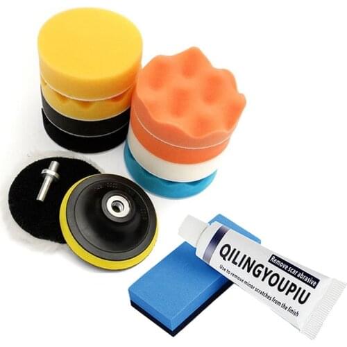 11pcs 3/4 inch Car Polishing Disc +15 ml Car Trace Remove Wax Self-Adhesive For Polisher Drill Adapter Buffing Waxing Sponge