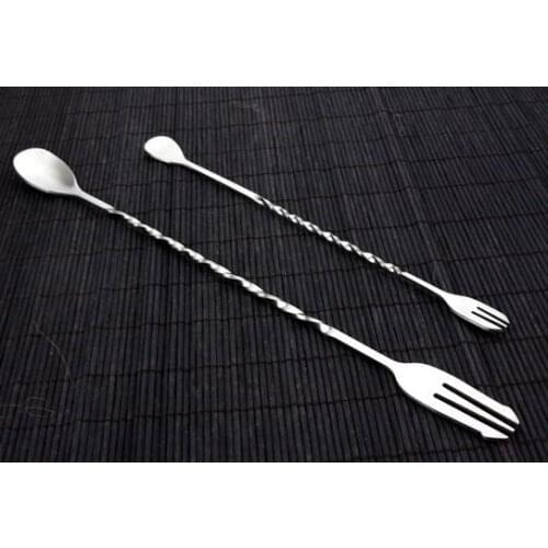 New Arrival 36cm Stainless Steel Cocktail Mixing Spoon Spiral Pattern Bar Cocktail Shaker Spoon with fork