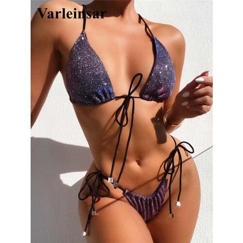 New Sexy Knotted Shiny Sparkling Bikini Female Swimsuit Women Swimwear Two-pieces Bikini set Bather Bathing Suit Swim Lady V2647