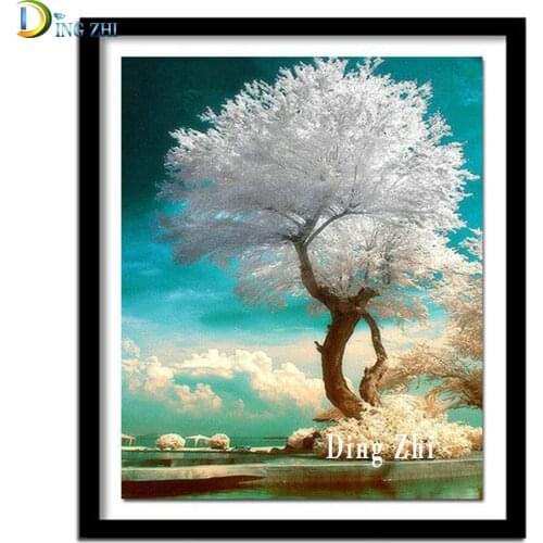 Full Square/Round Diamond Painting Scenery White Tree 5D Diamond Embroidery Beautiful Landscape Cross Stitch Mosaic Beaded Gift