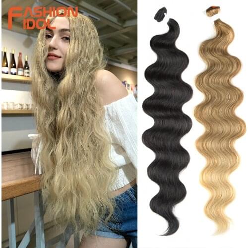 FASHION IDOL Body Wave Ponytail Hair Bundles 26 Inch Soft Long Synthetic Hair Weave Ombre Brown 613 Blonde 100g Hair Extensions