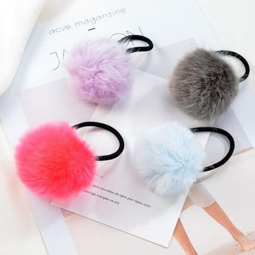 2 PCs Girls Cute Artificial Rabbit Fur Ball Elastic Hair Rope Rings Girls Hairband Soft Hair Bands Plush Elastic Hair Accessory