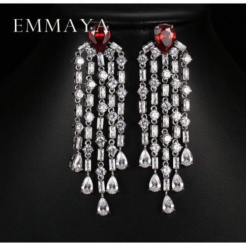 Emmaya Luxury Red Green Clear Blue Long Earrings For Women Wedding Party Drop AAA Shiny Cubic Zirconia Tassel Dangle Jewelry