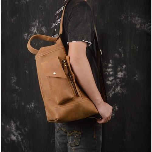 Men Single Back Day Pack Rucksack Vintage Cool Shoulder Messenger Bag Genuine Leather Crazy Horse Cowhide Crossbody Chest Bags