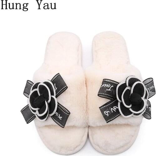 Women Slippers Flips Flops Winter Warm Shoes Woman Fashion Flower Solid Platform Female Slides Non-slip Flats Indoor