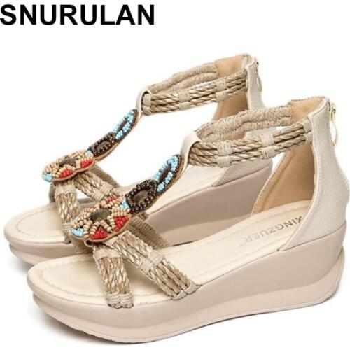 SNURULAN 2021 Boho Ethnic Wedges Gladiator Women Sandals Summer String Bead Cane Platform Lady High Heel Shoes Woman