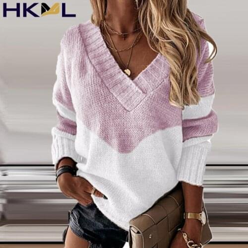 Women Knitted Sweater Long Sleeve V Neck Patchwork Loose Streetwear Sweaters 2021 Autumn Winter