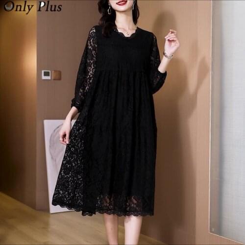 Only Plus Black Lace Dress Autumn 2021 New High-end Ladies Temperament Loose Elegant Long-sleeved Lantern Sleeve V-neck Skirt