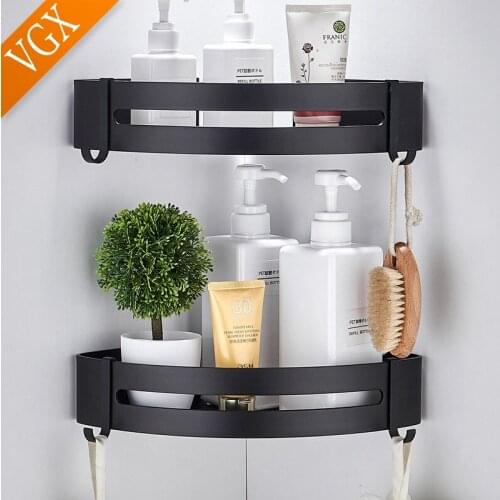 VGX Corner Triangle Shower Storage Basket Shelves Wall-Free Punching Rack Bathroom Accessories Aluminum Matt Black L73302