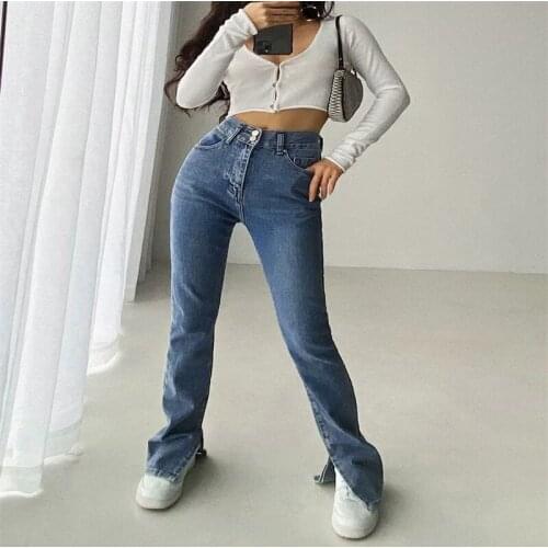 Vintage Light Blue Jeans Fashion Split Woman Flare Jeans High Waist Denim Trousers Streetwear Female Korean Pants Pantalon Femme