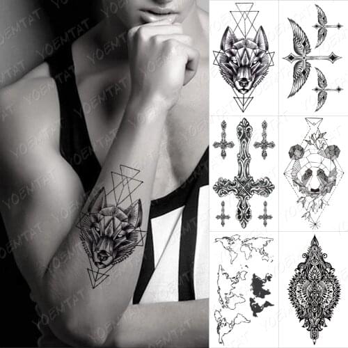 Waterproof Lasting Temporary Tattoo Sticker Wolf Black Line Cross Panda Figure Male Body Art Flash Fake Tatoo