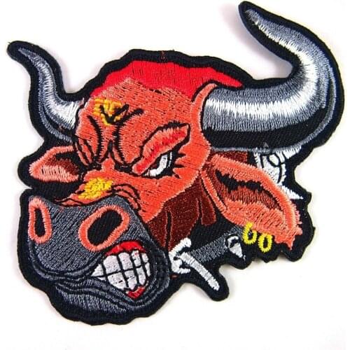 Factory direct OEM Custom embroidered Patches for clothing Angry Bull Biker Motorcycle iron on badge customized with your logo