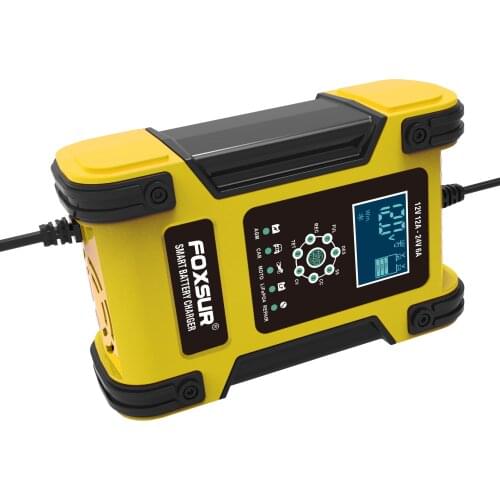 FOXSUR 12V 24V 12A Motorcycle Car Battery Charger Pulse Repair Charger LiFePO4 AGM Deep cycle GEL EFB Lead-Acid Charger