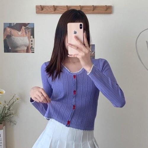 Women Summer T-shirts Knitted Crop Tees Female Cute Sweet Buttoned Up V-Neck Tops Casual T-shirts Women 2021 Women Autumn