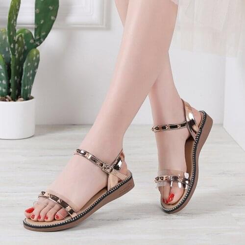 Rivet Luxury Summer Ladies Sandals Shoes Woman Zipper Female Flipflop shoe Shinny Mirror PU Flat Women Beach Sandals Shoes