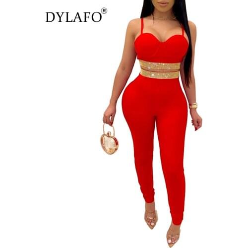 Sexy Hot Drilling Two Piece Set Women Night Club Suit Spaghetti Straps Backless Crop Top Pencil Pants Suit Outfits