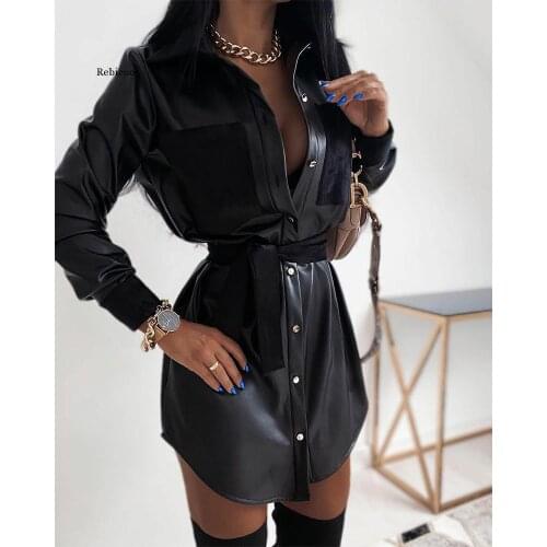 Women Fashion Elegant Patchwork Turn-Down Collar Casual Solid Long Sleeve Button-Down Shirt Pu Mini Dress