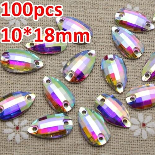 10*18mm 100pcs Waterdrop Crystal AB Flat Silver Base Sew On Rhinestone With 2 holes for Wedding Dress Sew on Stone Buttons