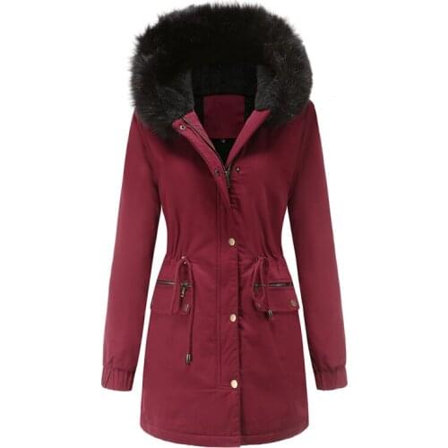 2021 Winter Down Cotton Coat Women Fur Collar Plus Size Loose Fashion Parkas Army Green Wine Red Hooded Warm Tops Jacket N1259