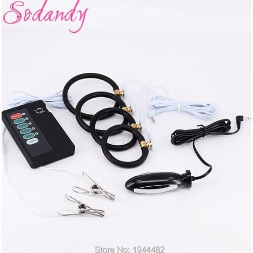 Estim Anal Plug Male Electro Chastity Devices 4 Silicone Penis Rings Sex Electrical Stimulation Electric Shock Kit Nipple Clamps