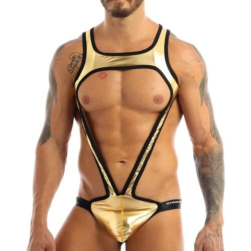 Mens Harness Teddies Shiny Metallic Bulge Pouch Jockstraps Pouch Sissy Gay Club Wrestling Singlet Bodysuit Open Butt Underwear