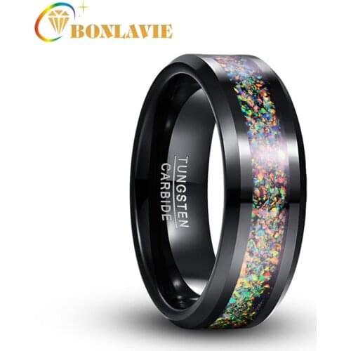 BONLAVIE Electroplated Black Polished Inlaid Real Broken Opel Tungsten Steel Ring Stainless Steel Ring Anniversary Men