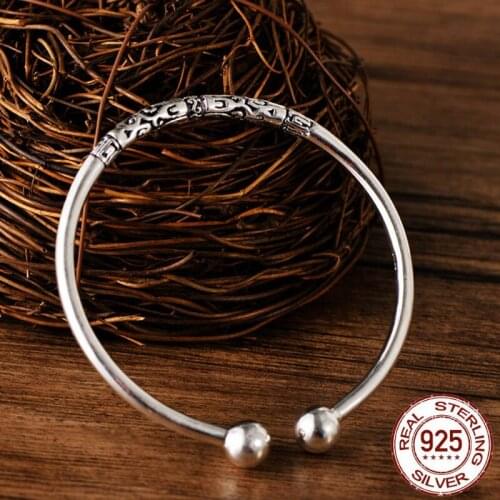 100% Real 999 Sterling Silver Jewelry Bangles for Women Girls Engrave Flowers Beads Open Bangle Gifts Jewelry Bijoux Free Ship