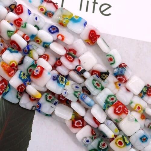 10x10mm White Flat Square Shape Beads 37pcs/lot Millefiori Lampwork Pendants Multi Colors Flower Printed For DIY Bracelets Charm