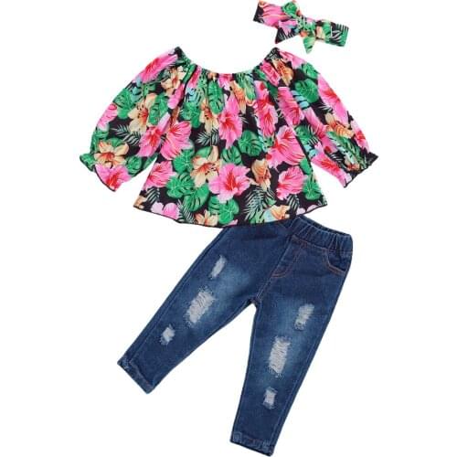 Toddler Girl Clothe Outfit Baby Girl Long Sleeve Floral Tops Shirts Ripped Jeans Pants Headband 3Pcs Set Flower Ruffle Tops