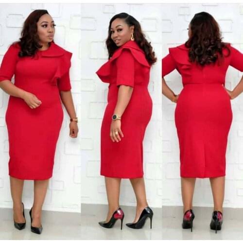 Elegant Ruffles Bodycon Dress Women Office Lady African Robe Solid O-Neck Slim Pencil Dress Africa Clothing Plus Size