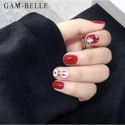 GAM-BELLE Red Christmas Series False Nails with Designs Snowflake Full Cover Detachable Press On Nails Tips Manicure Tools