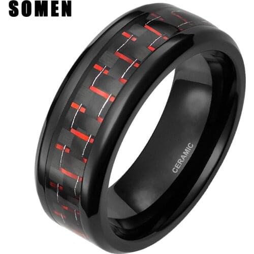 8mm Ceramic Ring Black & Red Carbon Fiber Inlay Engagement Wedding Band Exquisite Fashion Jewelry Rings Woman Men Fashion Ring