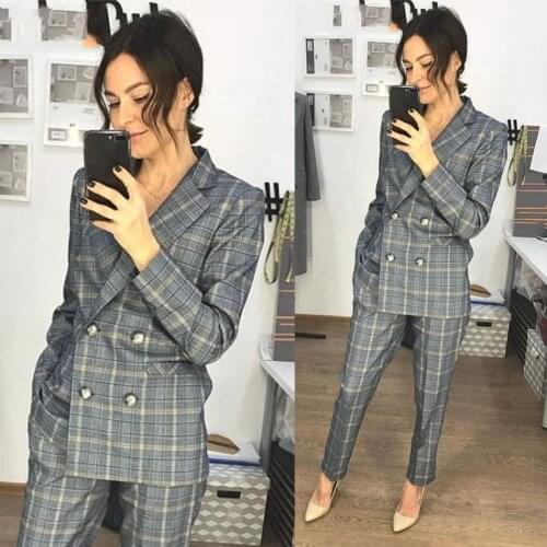 Classic Vintage Plaid Suits 2 Pieces Double Breasted Check Blazer Custom Made Office Lady Business Daily Casual Jacket