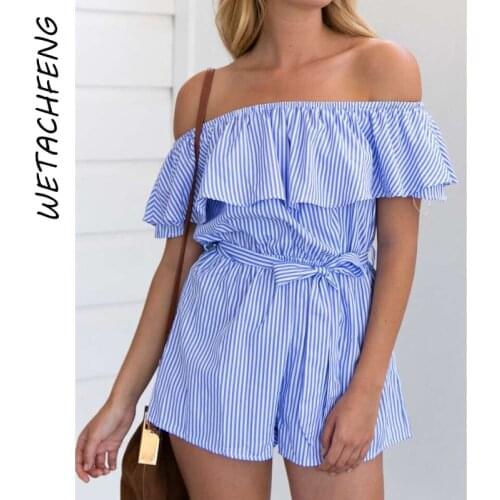 Female Jumpsuit Blue White Striped Sexy Slash Neck Ruffles Sleeve Romper Shorts Summer Playsuits Oversized Overalls For Women