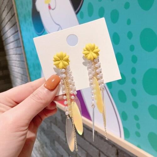 Korean fashion earrings female trend Japanese and Korean style flower pearl sequins long fashion temperament earrings earrings