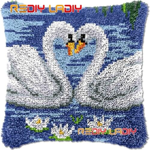 Latch Hook Cushion Two Swans DIY Needlepoint Kits Chunky Acrylic Yarn Arts Crocheting Lofty Pillow Case Hobby & Crafts