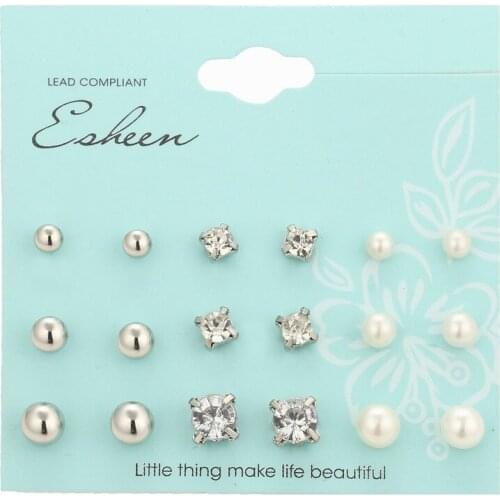 Wish AliExpress Cross-border Korean Earrings Faux Pearl Stud Earrings Set Rhinestone Studs Earrings Pearl Set