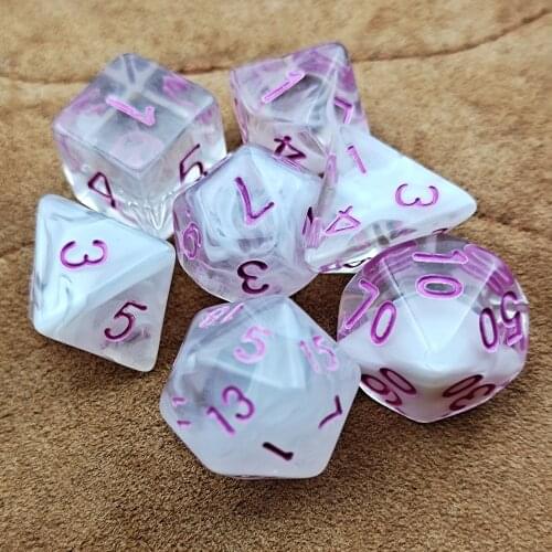 7PC Nebula RPG Dice Set Translucent with White swirl & Purple Ink D4 D6 D8 D10 D% D12 & D20 for DND D&D Roleplaying Games