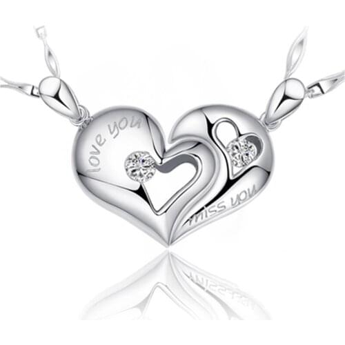 100% 925 sterling silver romantic love heart lovers`couple pendant necklaces jewelry two short chains no fade wedding gift