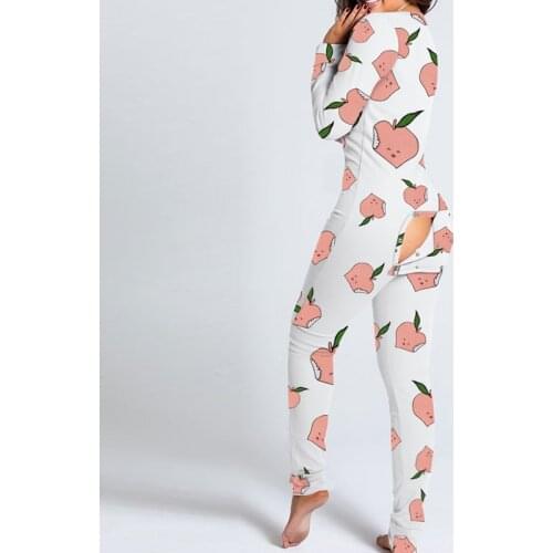 Sexy Women Pajamas Onesies Hip Hollow Out Jumpsuit Printed Deep V-Neck Long Sleeve Button-down Front Flap Adults Sleepwear